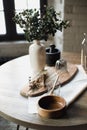 Still life, kitchen table, wooden board, vase, honey Royalty Free Stock Photo