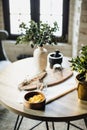 Still life, kitchen table, wooden board, vase, honey Royalty Free Stock Photo