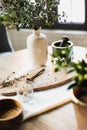 Still life, kitchen table, wooden board, vase, honey