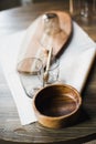 Still life, kitchen table, wooden board, vase, honey Royalty Free Stock Photo