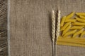 Still life for a kitchen of wheat ears and pasta from wheat on a sackcloth background Made in Kazakhstan Royalty Free Stock Photo