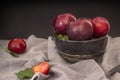 Still life with large black plums in a deep plate Royalty Free Stock Photo