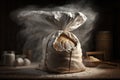 Still life of a large sack full of flour with loaves of bread on a dark background. Generative AI