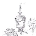 still life with a large samovar, monochrome black and white drawing