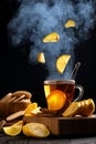 Still life with lemons flying into a mug of hot tea Royalty Free Stock Photo