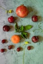 Still Life lemons, oranges and flowers composition in a dark stone background Royalty Free Stock Photo