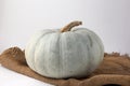 Still life of light pumpkin lies on a rough brown bag for vegetables on a white background view from the side closeup