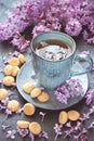 Still life with  lilac flowers and tea with cookies Royalty Free Stock Photo