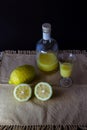 Limoncello traditional italian lemon liqueur with bottle, glass and fresh lemon halves Royalty Free Stock Photo