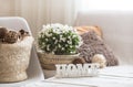 Still life in the living room with wooden inscription home Royalty Free Stock Photo