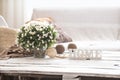 Still life in the living room with wooden inscription home Royalty Free Stock Photo