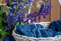 Still life with lupines and knitting in the basket Royalty Free Stock Photo