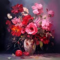 Still life of luxurious bouquet of red and pink autumn flowers in a vase on dark background. Printable oil painting.