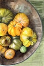 Still life, made with watercolors and crayons, depicting a clay bowl with yellow tomatoes