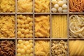 Still life with many different types of pasta. Pasta made from durum wheat of different colors and sizes. Large selection of pasta Royalty Free Stock Photo