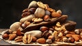 Still life with many varieties of nuts. Autumn time. AI generated