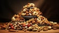 Still life with many varieties of nuts. Autumn time. AI generated