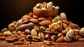 Still life with many varieties of nuts. Autumn time. AI generated