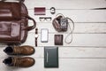 Still life with Men`s casual outfits with leather accessories on