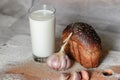 still life of milk, bread and garlic. Royalty Free Stock Photo