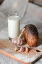 still life of milk, bread and garlic. Royalty Free Stock Photo