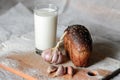 still life of milk, bread and garlic. Royalty Free Stock Photo