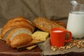 Still life with milk, cheese and bread Royalty Free Stock Photo