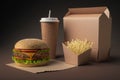 Still life mockup cardboard packaging of hamburger, fries and drink. Generative AI Royalty Free Stock Photo