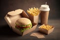 Still life mockup of packaging of hamburger and fries. Generative AI Royalty Free Stock Photo