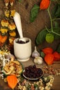 Still-life with mortar, dried fruit and flowers