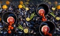 Still life of mussel shells, grapefruit, tomatoes, lemons and tangerines