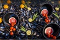 Still life of mussel shells, grapefruit, tomatoes, lemons and tangerines