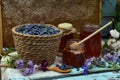 Still life with natural honey, honeycomb cut in pieces and honeysuckle berry with flowers on wooden background outside. Royalty Free Stock Photo