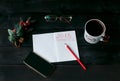 Still-life with a notebook with a red inscription 2018, a Cup of coffee Royalty Free Stock Photo