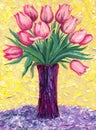 Still life oil. Bouquet of pink tulips in high vase