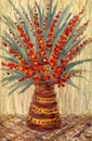 Still life oil. Bouquet with sprigs of bright red flowers