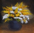Still life oil. Charming bouquet of fragrant flowers in a dark vase