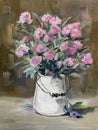 Still life oil painting abstract artwork featuring a bouquet of roses in a white vase Royalty Free Stock Photo