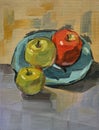 Still life oil painting abstract artwork featuring green and red apples, ideal for home decor Royalty Free Stock Photo