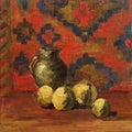 Still life oil painting abstract artwork featuring a jug and pears in front of an oriental carpet Royalty Free Stock Photo