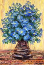 Still life oil painting. Bouquet of blue flowers in a vase