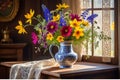 Still Life Oil Painting Featuring a Diverse Array of Vibrant Flowers - Arranged in an Antique Vase, Resplendent Beauty