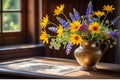 Still Life Oil Painting Featuring a Diverse Array of Vibrant Flowers - Arranged in an Antique Vase, Resplendent Beauty