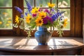 Still Life Oil Painting Featuring a Diverse Array of Vibrant Flowers - Arranged in an Antique Vase, Resplendent Beauty