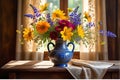 Still Life Oil Painting Featuring a Diverse Array of Vibrant Flowers - Arranged in an Antique Vase, Resplendent Beauty