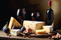 A still-life oil painting-style depiction of an array of gourmet cheeses, figs, and a crusty baguette