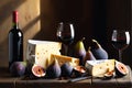 A still-life oil painting-style depiction of an array of gourmet cheeses, figs, and a crusty baguette