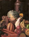 Still life oil painting of various fruits and vegetables