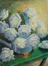 Still Life Oil Painting With White Roses In Watering Can And Tea