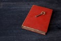 Still life with old book and key on wooden Royalty Free Stock Photo